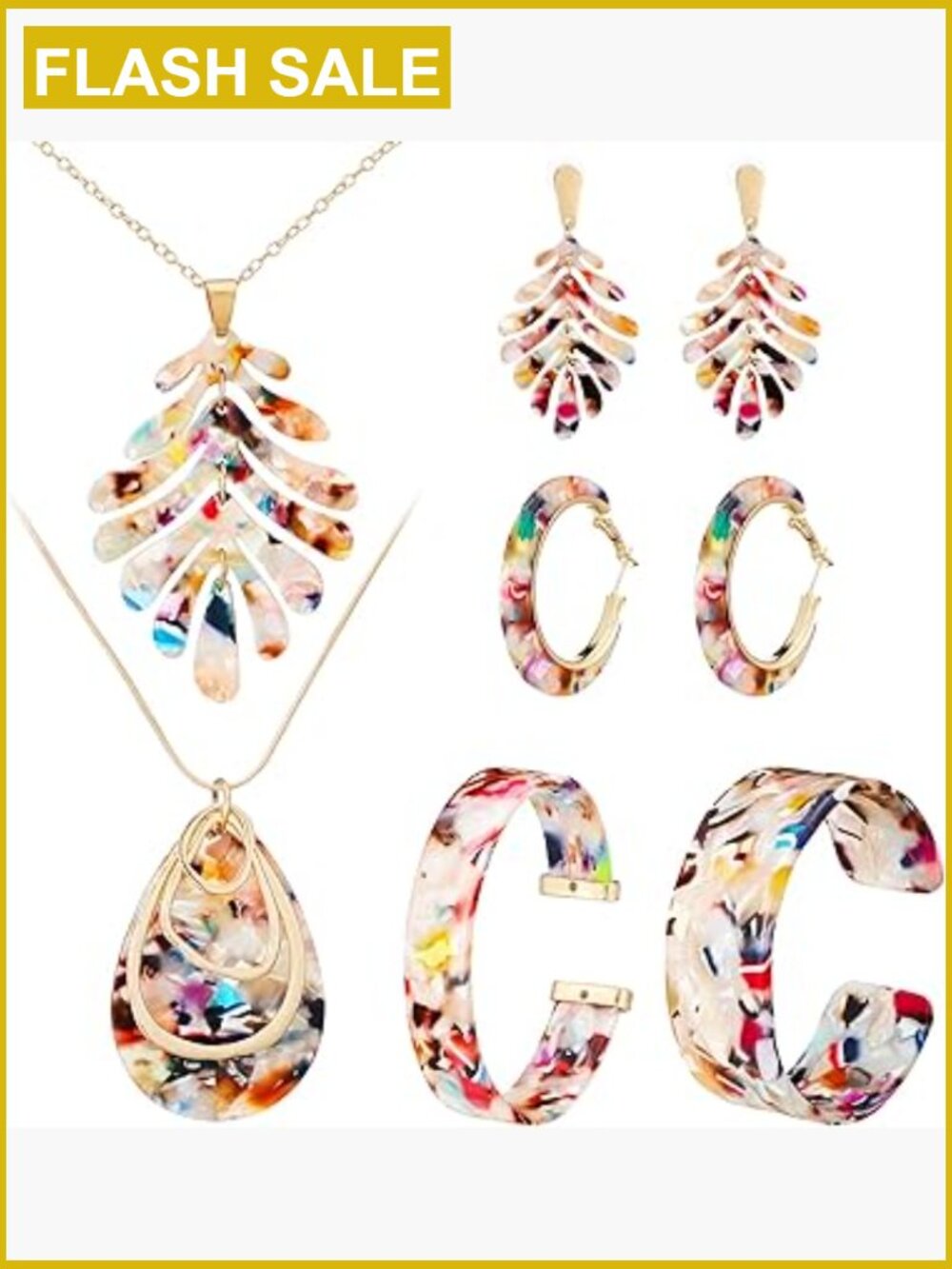 8 Pc Acrylic Jewelry Set Statement Earrings Necklace Bracelet Floral Bohemian